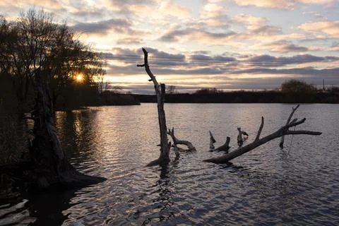 Lines of dramatic clouds at sunset with reflection in the river Stock Photos
