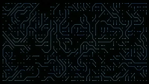 Lines drawn by bright spots eventually create an abstract image of a circuit Stock Footage 112736019