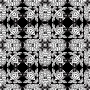 Lines flowers seamless pattern. Vector black and white floral background. Mon Stock Illustration