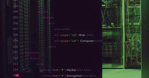 Lines of HTML code are overlaying server room with various networking equipment Stock Photos