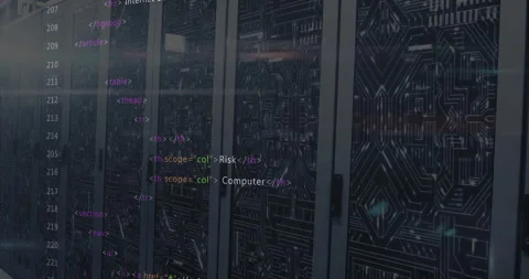 Lines of HTML tags fading in over server cabinets on start, building Stock Footage 311085196