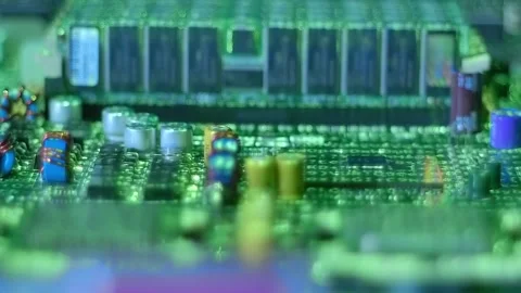Lines of program code move along processors, memory chips and other components Stock Footage 313156068