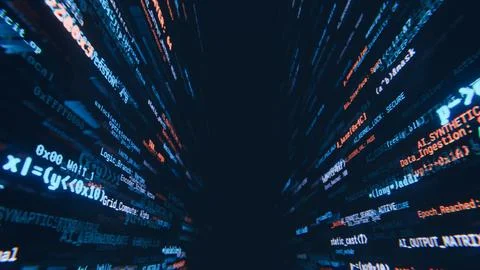Lines of programming source code moving through a dark, endless digital space 스톡 일러스트