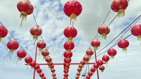 Lines of red lanterns with sky as background Stock Footage 268352777