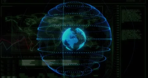 As lines scanning globe rotating east under swirling arcs and scrolling code Stock Footage 318194330