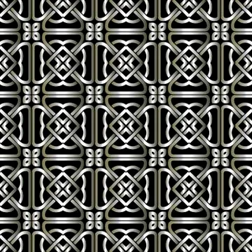 Lines silver 3d seamless pattern. Celtic grid ornament. Repeat curved lines b Illustrazione stock