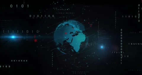 Lines streaming across globe, rotating on black while floating code and symbols Stock Footage 317608025