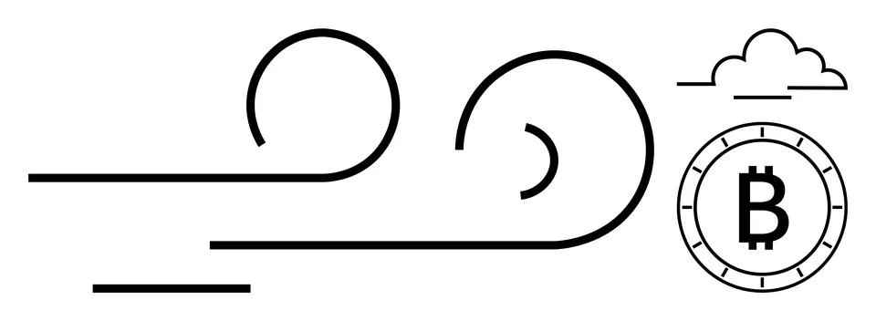 Lines symbolizing data flow intertwine with a Bitcoin symbol and a cloud outl Stockillustratie