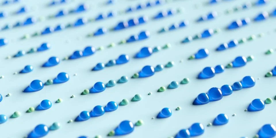 Lines of transparent spheres with different sizes on cyan background, abstrac Stock Illustration