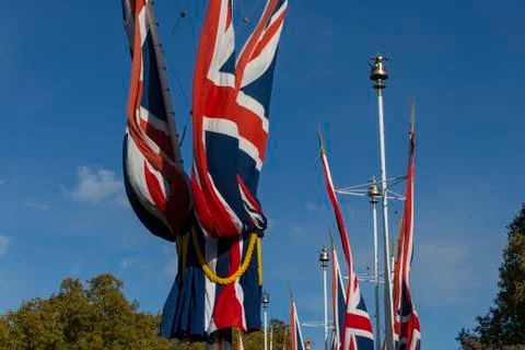 Lines of union jack flags hanging along the Mall Stock Photos