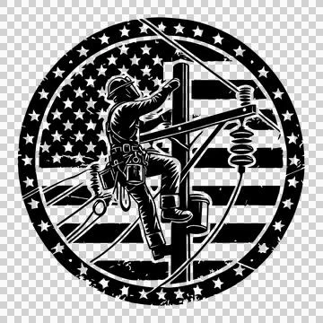 Linework Electrician On Pole Flag Emblem climbing utility イラスト素材