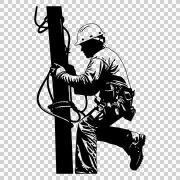 Linework Silhouette Of Utility Worker Climbing pole safety Stock Illustration