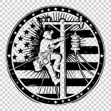 Linework Utility Worker Climbing Pole flag stars stripes Иллюстрация