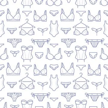 Lingerie seamless pattern with flat line icons of bra types, panties. Woman Stockillustratie