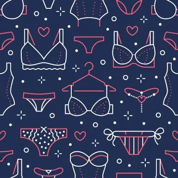 Lingerie seamless pattern with flat line icons of bra types, panties. Woman Illustrazione stock