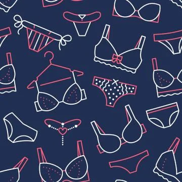 Lingerie seamless pattern with flat line icons of bra types, panties. Woman Stock Illustration