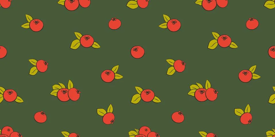 Lingonberry Fruit Vector Seamless Pattern on Dark Green Background Stock Illustration