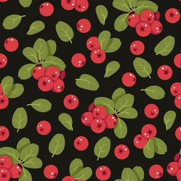Lingonberry Seamless Pattern Flat Vector. Autumn, Harvest Festival. Repeat Stock Illustration