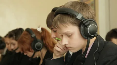 Linguaphone classroom. Learner's face. Stock Footage 12561699