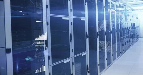 Lining data center corridor, glass server racks flashing LED indicators, cable Stock Illustration