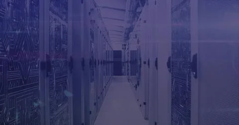 Lining server cabinets along long data center corridor, with cable trays, ducts Stock Photos