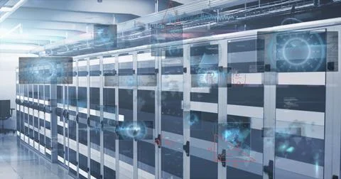 Lining server cabinets displaying holographic data in data center aisle, with 写真素材