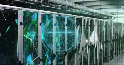 Lining server cabinets showing circuit patterns in narrow data center corridor, Stockfoto's