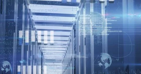 Lining server racks and network cabinets along data center corridor, with 写真素材