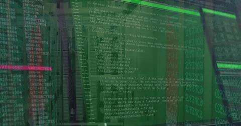 Lining server racks down data center aisle, with programming code overlay and Stock Illustration