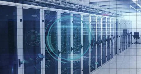 Lining server racks stretching data center corridor, with overhead cable trays Stock Photos