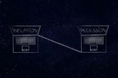 Link between inflation and recession concept, laptops with text and chain c.. Stock Illustration