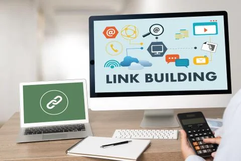 LINK BUILDING Connect Link Communication Contact Network. 库存照片