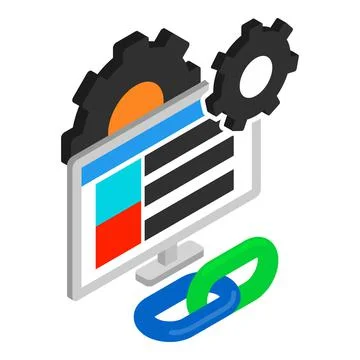 Link building icon isometric vector. Computer monitor chain link and gear icon Illustrazione stock