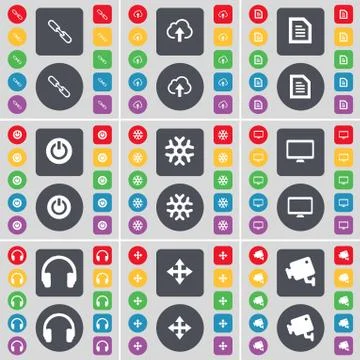 Link, Cloud, Text file, Power, Snowflake, Monitor, Headphones, Moving, CCTV icon Stock Illustration