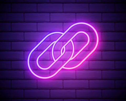 Link icon. Hyperlink chain symbol. Simple icon. Pink neon style on brick wall Stock Illustration