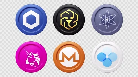 LINK LEO ATOM UNI XMR OKB coin spin 3d 360 degrees Cryptocurrency token 動画素材 245545491