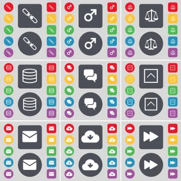 Link, Mars symbol, Scales, Database, Chat, Arrow up, Message, Cloud, Rewind icon Illustrazione stock