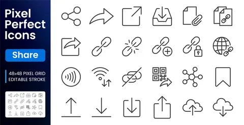 Link share line icons set. Hyperlinks, download, upload, cloud storage, QR code Stock Illustration