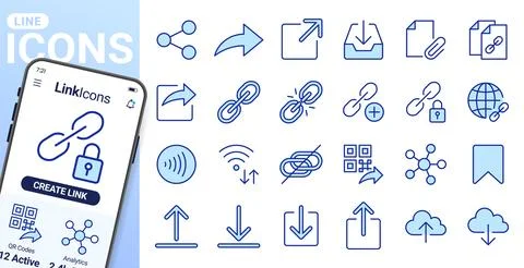 Link share line icons set. Hyperlinks, download, upload, cloud storage, QR code Illustrazione stock