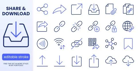 Link share line icons set. Hyperlinks, download, upload, cloud storage, QR code Stock Illustration