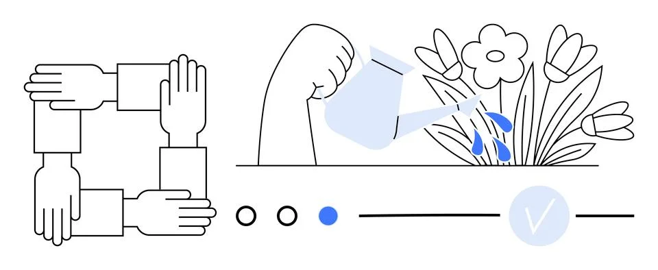 Linked hands forming a square, a hand watering flowers, progress dots with a  Illustrazione stock