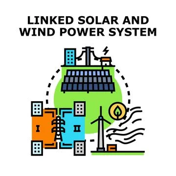 Linked renewable energy system powering modern city buildings Ilustración de archivo