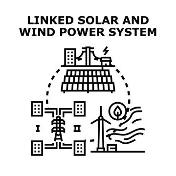 Linked renewable energy system powering modern city buildings Ilustración de archivo
