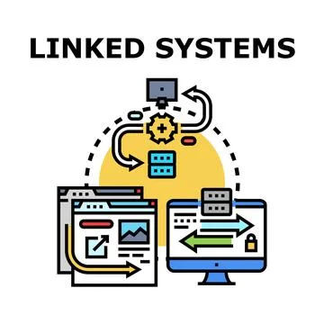 Linked systems integrating technology and data exchange process Stock Illustration