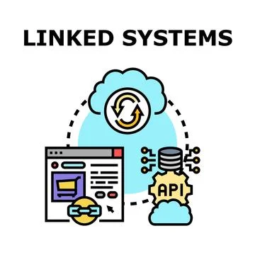 Linked systems integration connecting software application technology Stock Illustration