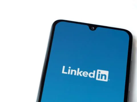 LinkedIn app launch screen on smartphone on white background Stock Photos