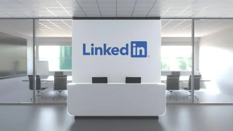 LINKEDIN logo above reception desk in the modern office, editorial conceptual 3D Stock Illustration