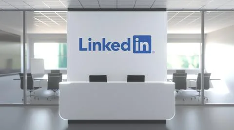 LINKEDIN logo above reception desk in the modern office, editorial conceptual 3D Stock Illustration