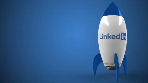 LINKEDIN logo against a rocket mockup. Editorial conceptual success related 3D Stock Illustration
