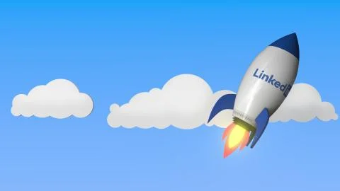 LINKEDIN logo against a rocket mockup. Editorial success related 3D rendering Stock Illustration